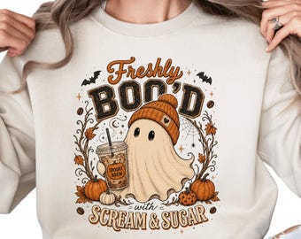Freshly Boo'd Sweatshirt, Ghost Coffee Sweatshirt, Halloween Coffee Lover Crewneck, Spooky Season Sweatshirt, Fall Ghost Crewneck Gift