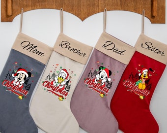 Christmas Velvet Stockings with Name, Mickey and Friends Velvet Christmas Stocking, Disneyland Stockings, Holiday Stockings, Family Stocking