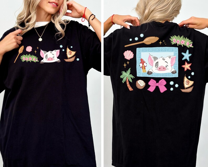 The image is a collage of two photos showing a woman wearing a black t-shirt with a cartoon pig design and various colorful illustrations on the back.