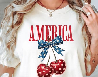 Bluza z kapturem America Cherry, koszulka z patriotyczną kokardą, koszulka z grafiką z okazji 4 lipca, letnia koszula Americana USA w stylu vintage