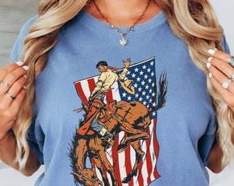 Comfort Colors Patriotic Cowboy Shirt, Western 4th of July Tee, America 250 Anniversary Shirt, 1776-2026 USA Flag Rodeo T-Shirt
