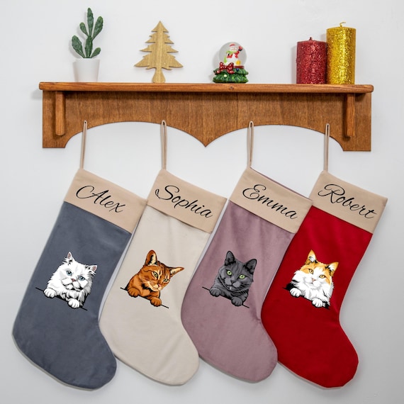 Personalized Christmas Cat Stockings With Name, Custom Velvet Christmas Stocking, Pet Christmas Stocking, Cat Christmas Velvet Stockings