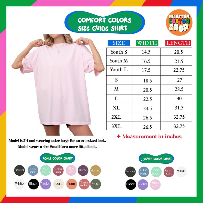 The image is a size guide for a t-shirt, showing different sizes and corresponding widths for a youth, youth m, youth l, s, m, l, XL, and 3XL. The model is 5'4" and wearing a size large for an oversized loafer. The model wears a size small for a more fitted look. The image also includes a color chart with various adult color swatches and a youth color chart.