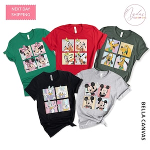 May include: Five Bella Canvas t-shirts in various colors, each featuring a different Disney character design. The designs are arranged in a four-panel grid. The shirts are green, red, black, gray, and dark green. The text "Next Day Shipping" and "Bella Canvas" are visible.
