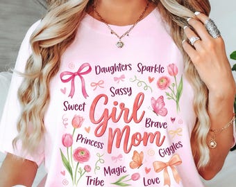 Koszulka dla mamy dziewczynki z kokardą i kokardą, koszulka dla mamy dziewczynki, prezent na Dzień Matki dla mamy dziewczynek, śliczna różowa koszulka dla mamy z kokardą