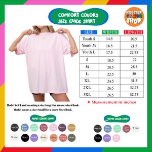The image is a size guide for a t-shirt, showing different sizes and corresponding widths for various age groups.