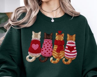 Valentine Cats Sweatshirt, Faux Embroidery Cat Design, Love Cat Illustration Sweater, Valentine Day Cat Lover Gift, Cozy Cat Sweatshirt