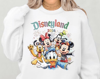 Bluza Disneyland 2026, Bluza retro Myszka Miki i Przyjaciele, Bluza z okrągłym dekoltem z postaciami Disneya, Koszulka vintage Disney, Uroczy strój Disneya