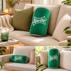 a living room with a couch and various decorative items, including a green pillow with the word "Sprite" on it.