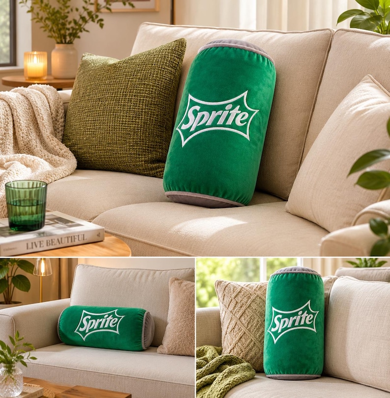 a living room with a couch and various decorative items, including a green pillow with the word "Sprite" on it.