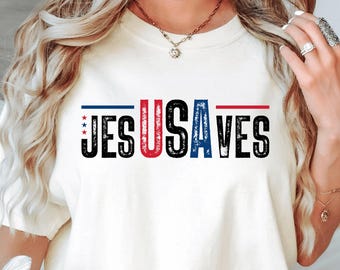 Koszulka lub bluza z napisem „Jezus zbawia USA”, chrześcijańska koszulka patriotyczna, koszulka JesUSAves, czerwono-biało-niebieska koszulka z okazji 4 lipca, koszulka z napisem „USA Faith”