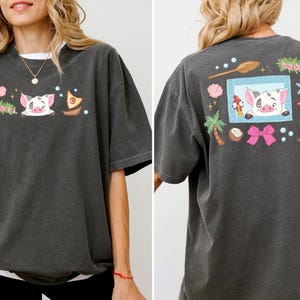 The image is a collage of two photos of a woman wearing a gray t-shirt with a cartoon pig design and various colorful elements.