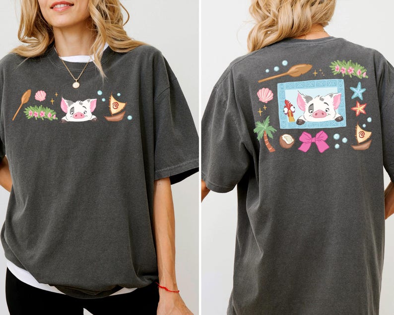 The image is a collage of two photos of a woman wearing a gray t-shirt with a cartoon pig design and various colorful elements.
