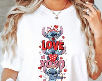 Camiseta de pareja de Stitch, camiseta de San Valentín de Stitch, regalo de San Valentín de Disney para parejas, camiseta de Stitch y corazón de ángel, San Valentín de Disney
