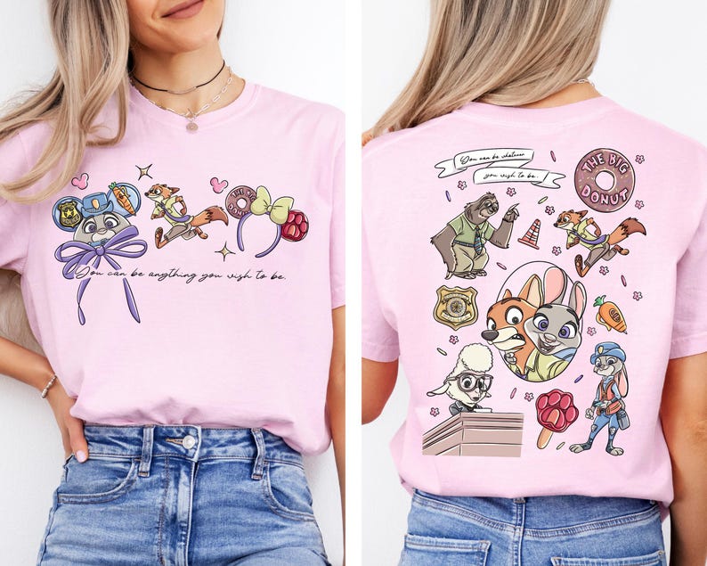 a woman wearing a pink t-shirt with a cartoon character design on the front and a back view of the same design.