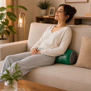 A woman is sitting on a couch, resting her head on a pillow, with a potted plant and a lamp nearby.