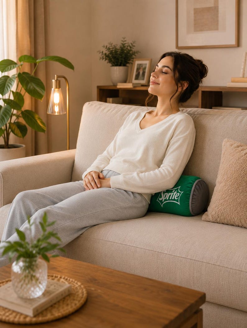 A woman is sitting on a couch, resting her head on a pillow, with a potted plant and a lamp nearby.