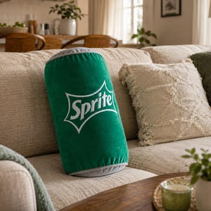 a green soda can pillow on a beige couch, with a green throw pillow and a small plant on a coffee table in the background.