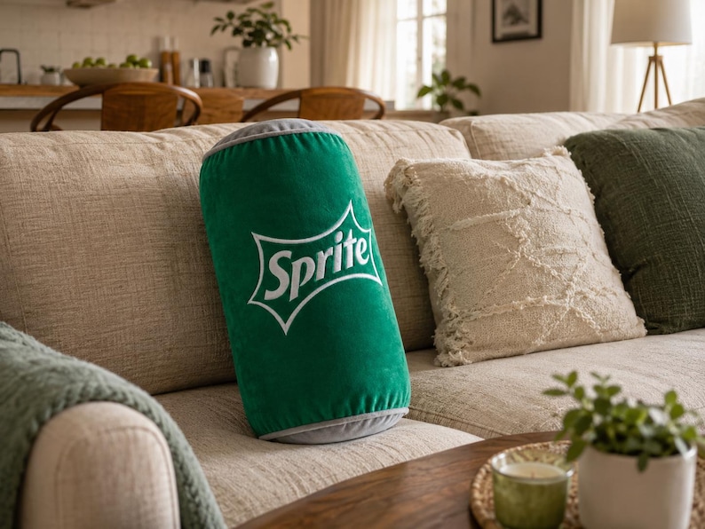 a green soda can pillow on a beige couch, with a green throw pillow and a small plant on a coffee table in the background.