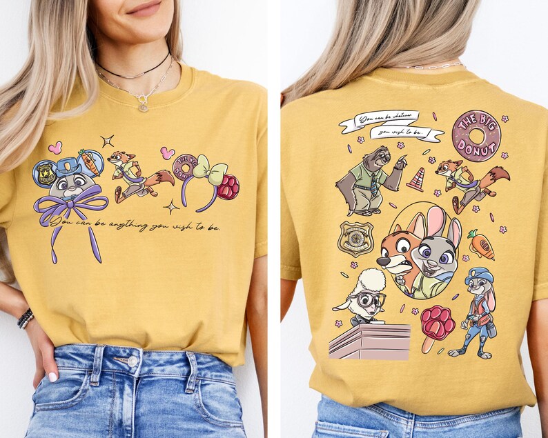 a woman wearing a yellow t-shirt with a cartoon character design on the front and a back view of the same design.