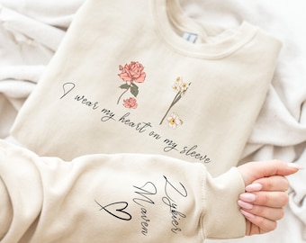 I Wear My Heart On My Sleeve Sweatshirt, Custom Mom Sweatshirt with Kids Name on Sleeve, Gift for Mama,Granny Gift,Valentine's Day Gift