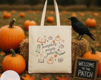 Pumpkins Pages Peace Bookish Tote Bag Library Tote Bag Fall Tote Bag Canvas Tote Bag Book Tote Bag Book Club Gift Thanksgiving Bookish Merch