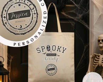 Borsa tote personalizzata Spooky Reader Society, regalo per il club del libro, borsa tote a tema libri, borsa tote per la biblioteca, borse tote di Halloween, borsa per dolcetto o scherzetto, merchandising a tema libri.