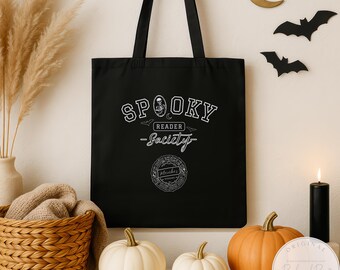 Borsa tote Spooky Reader Society, regalo per il club del libro, borsa tote per la biblioteca, borse tote di Halloween, borsa per dolcetto o scherzetto, merchandising a tema libri, borsa tote in tela
