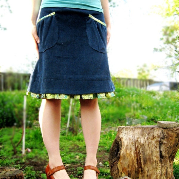 Blue Corduroy A Line Prairie Skirt with Ruffles and Gathered Pockets