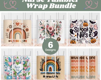 May include: A bundle of six 20 oz tumblers with various designs. The tumblers feature themes like rainbows, floral arrangements, stethoscopes, and Halloween graphics. Text includes "Nurse Life" and "Spooky Nurse".