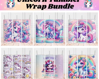 May include: A set of six unicorn-themed tumbler wraps. The wraps feature different designs, including a unicorn with a rainbow, a unicorn with flowers, and a unicorn with a cloud pattern. The wraps are perfect for adding a touch of whimsy to your tumblers.