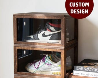 Custom Wooden Sneaker Box, Shoe Display Case, Engraved Wood Shoe Storage