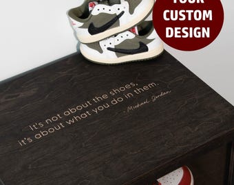 Custom Quote Walnut Sneaker Box, Personalized Shoe Display