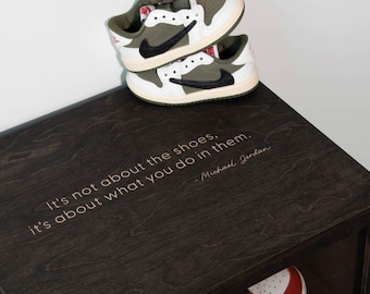 Engraved Sneaker Display Box with Michael Jordan Quote, Wooden Shoe Storage