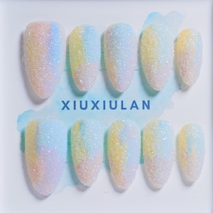 Macaron symphonique dégradé doux et mignon paillettes amande moyen fait main appuyez sur les ongles/ongles perles coeur doux/ongles rose clair pointe française