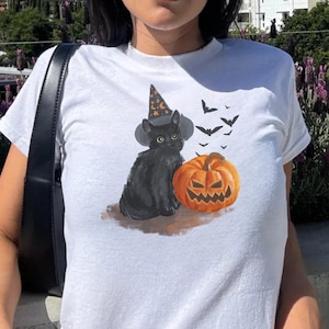 Vintage schwarze Katze Kürbis Baby T-Shirt, Summerween Spooky Saison, 80er Jahre Retro Halloween Shirt, Kürbis Shirt, schwarze Katze Kürbis Shirt