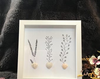 Wall decor, shadow box frame, authentic sea shells, flower art, handmade, beach, unique gift