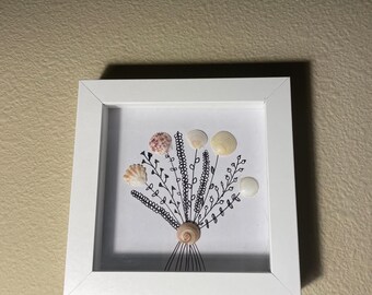 Wall decor, shadow box frame, authentic sea shells, flower art, handmade, unique gift