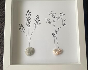 Wall decor. Shadow box frame, Authentic sea shells, flower art, handmade, beach, unique gift