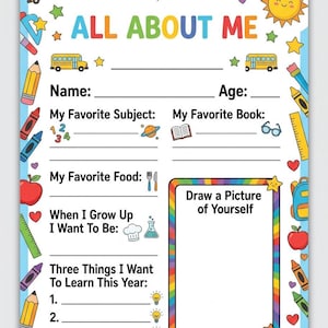 Op de afbeelding: Een kleurrijk All About Me werkblad voor leerlingen met schoolthema-illustraties zoals bussen, potloden, boeken en appels. De pagina bevat lege regels voor naam, leeftijd, favoriete vakken, boeken, eten, carrièredoelen en leerdoelen.