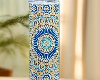 Moroccan Tile Inspired Tumbler – Reusable Cup with Lid and Straw – Traditional Moroccan Decor Gift"