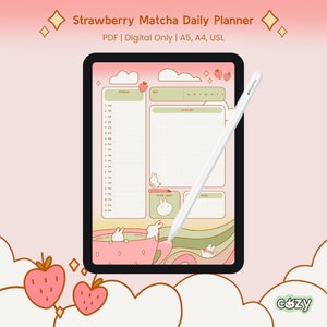 Strawberry Matcha Daily Planner | Digital Planner, Kawaii Planner, Cute Planner, Cute Digital Planner, Digital Planner 2024