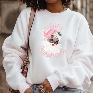 Pink African American Santa Merry Christmas Sweatshirt | Black Retro Holiday | Vintage Santa Sweatshirt | Women&#39;s Apparel | Gifts for Her