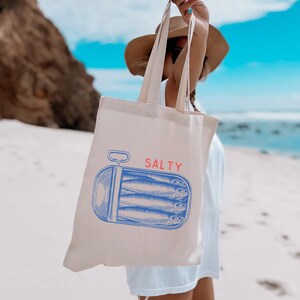 Salty Sardine Tote Bag, Fishing Aesthetic Eco-Friendly Beach Canvas Bag, Vacation Gift, Sardine Can Bag, Coastal Style Preppy Nautical Tote,