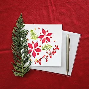 Carte de Noël de fleurs de firebush | Feuilles de firebush rouge, épine-vinette et mini feuilles de géranium | Carte Pour Les Fêtes botanique de l'Okanagan | Cartes de Susan