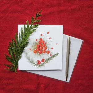 d'arbre de Noël de rose musquée | Groseilles rouges, fleur de carotte et achillée millefeuille | Carte Pour Les Fêtes botanique de l'Okanagan | Cartes de Susan