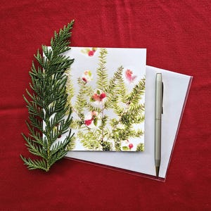 boule florale orne le sapin de <br> Vous avez des idées ? Pruche occidentale, géranium, rose et symphorine | Carte Pour Les Fêtes botanique de l'Okanagan | Cartes de Susan