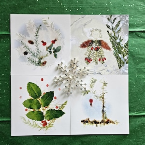 Cartes de Noël botaniques | Lot de 4 cartes de vœux | ange pomme de pin, arbre Charlie Brown, pruche enneigée et raisin de l'Oregon | Cartes de Susan