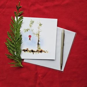 petite carte d'arbre de Noël | Pruche occidentale, rose musquée et lichen osseux | Carte Pour Les Fêtes botanique de l'Okanagan | Carte Charlie Brown | Cartes de Susan