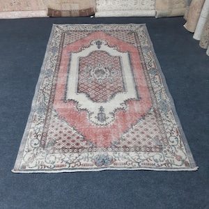 Vintage Turkish Rug 4x6 ft: Distressed Red Beige Oriental Wool Carpet